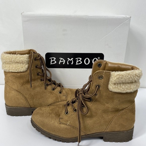BAMBOO Shoes - Bamboo Boots Warrior Womens Sz 6  Brown Faux Suede Fur Ankle Boots Lace Up